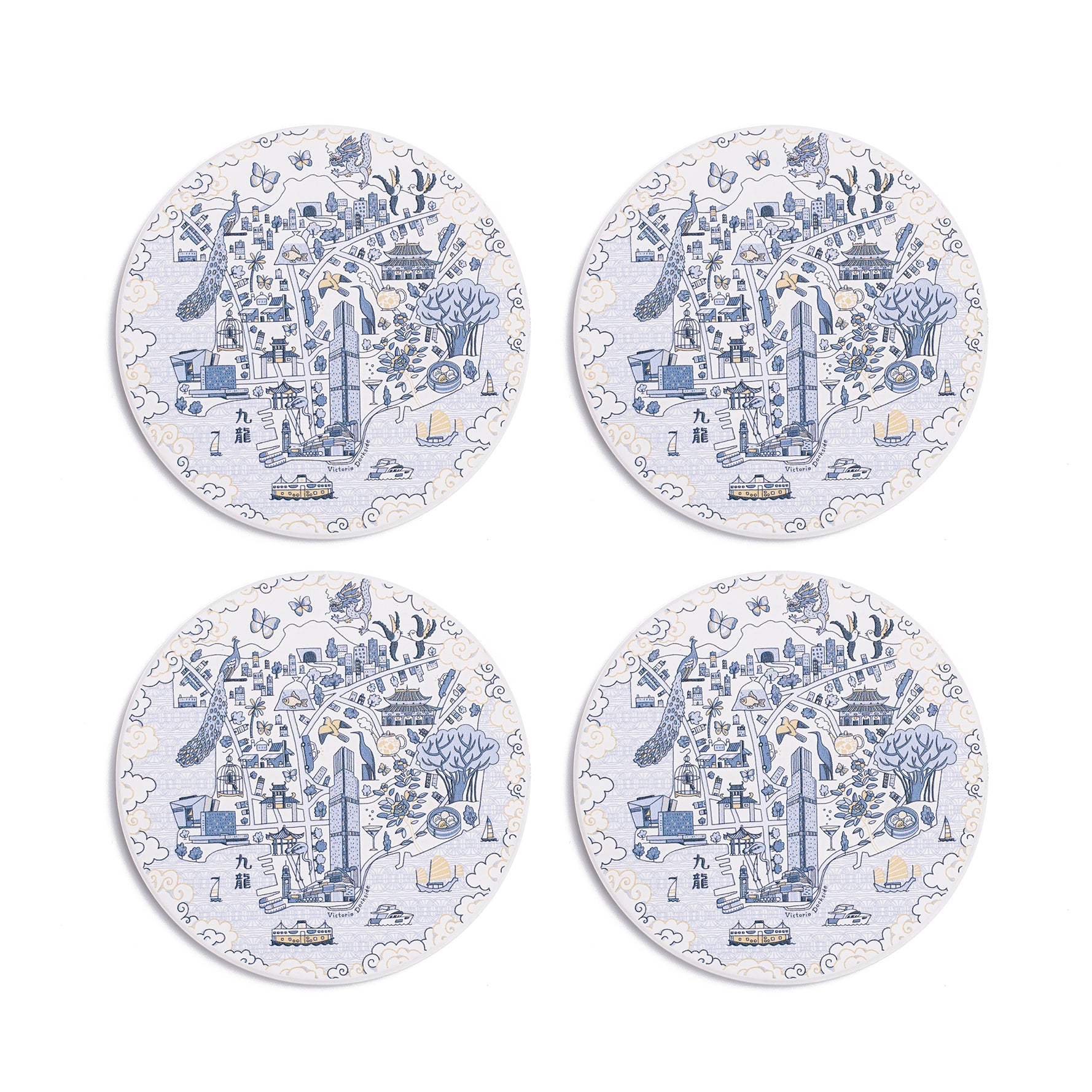 Coaster Set with Rosewood Willow Pattern