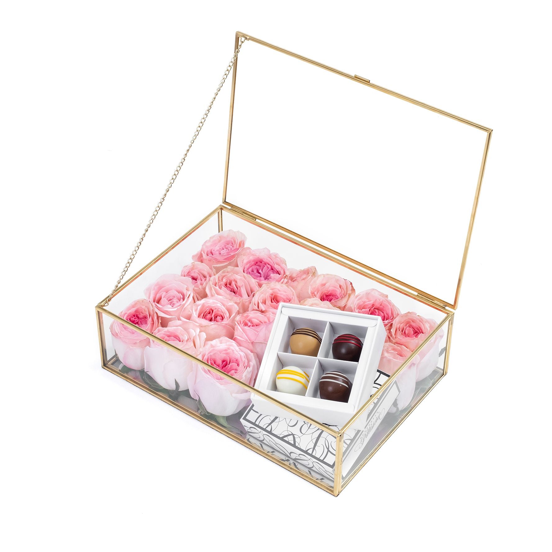 Pink Roses Glass Box With Praline Chocolate Set