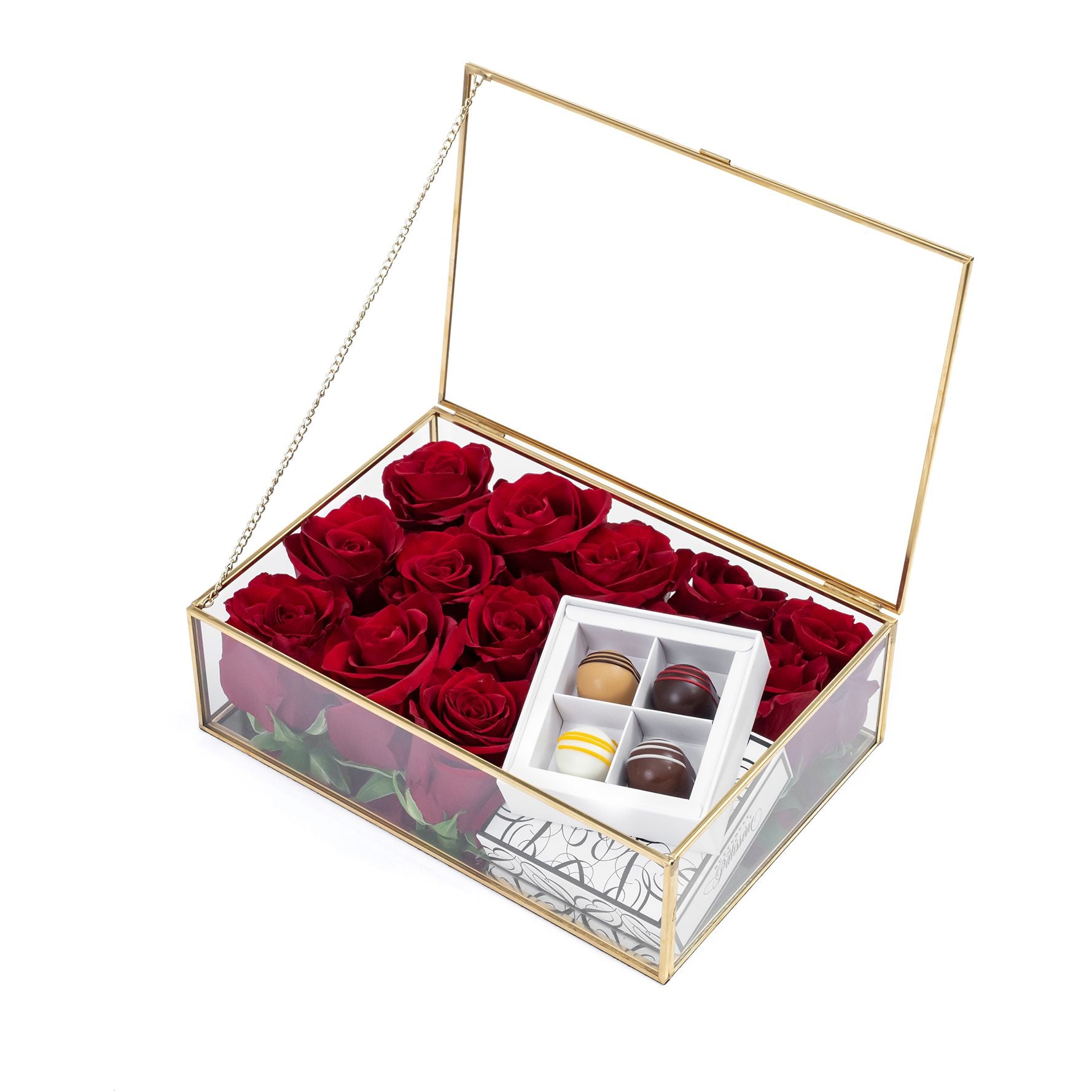 Red Roses Glass Box With Praline Chocolate Set