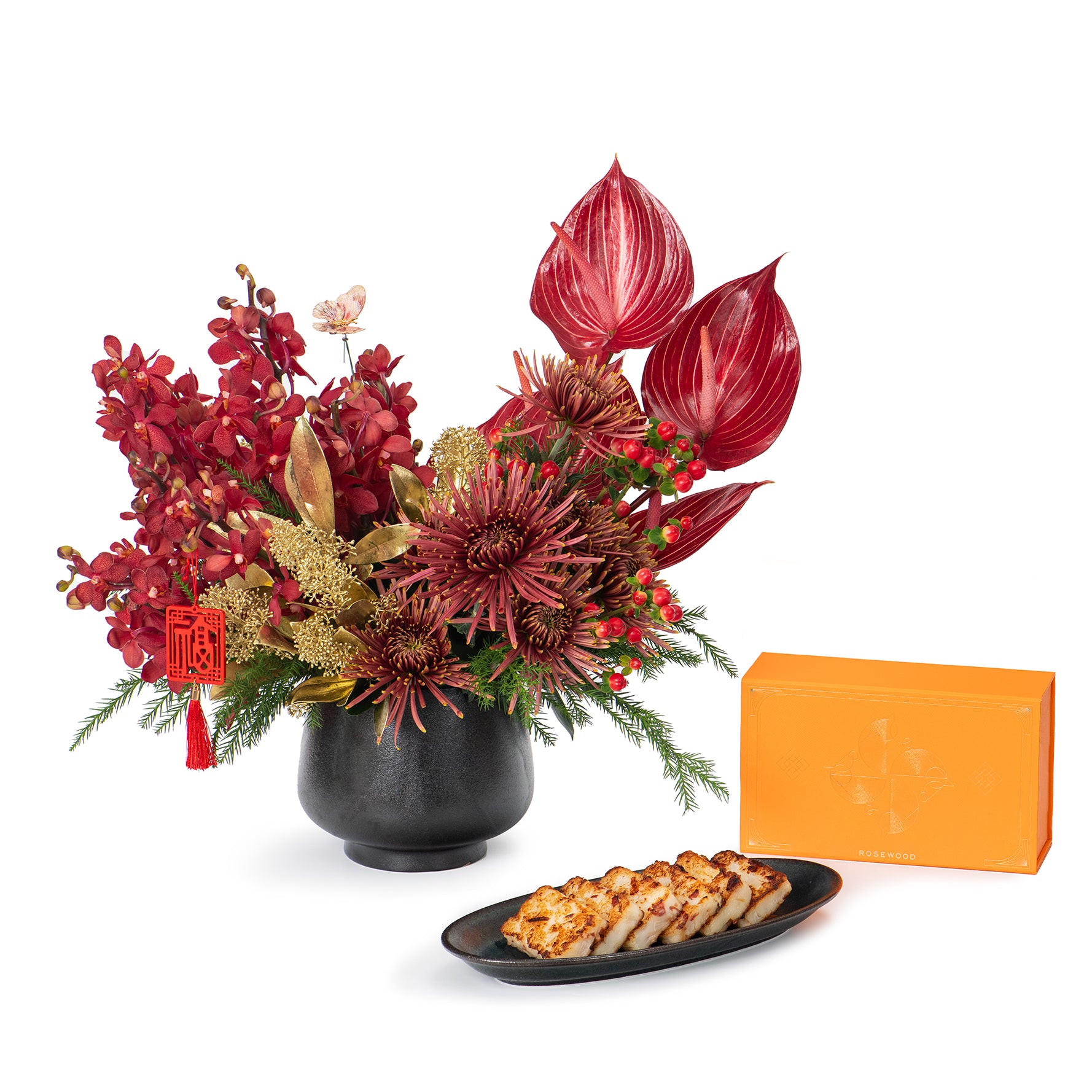 Conpoy Turnip Cake (600g) and Golden Crimson Splendor Flower Gift Set