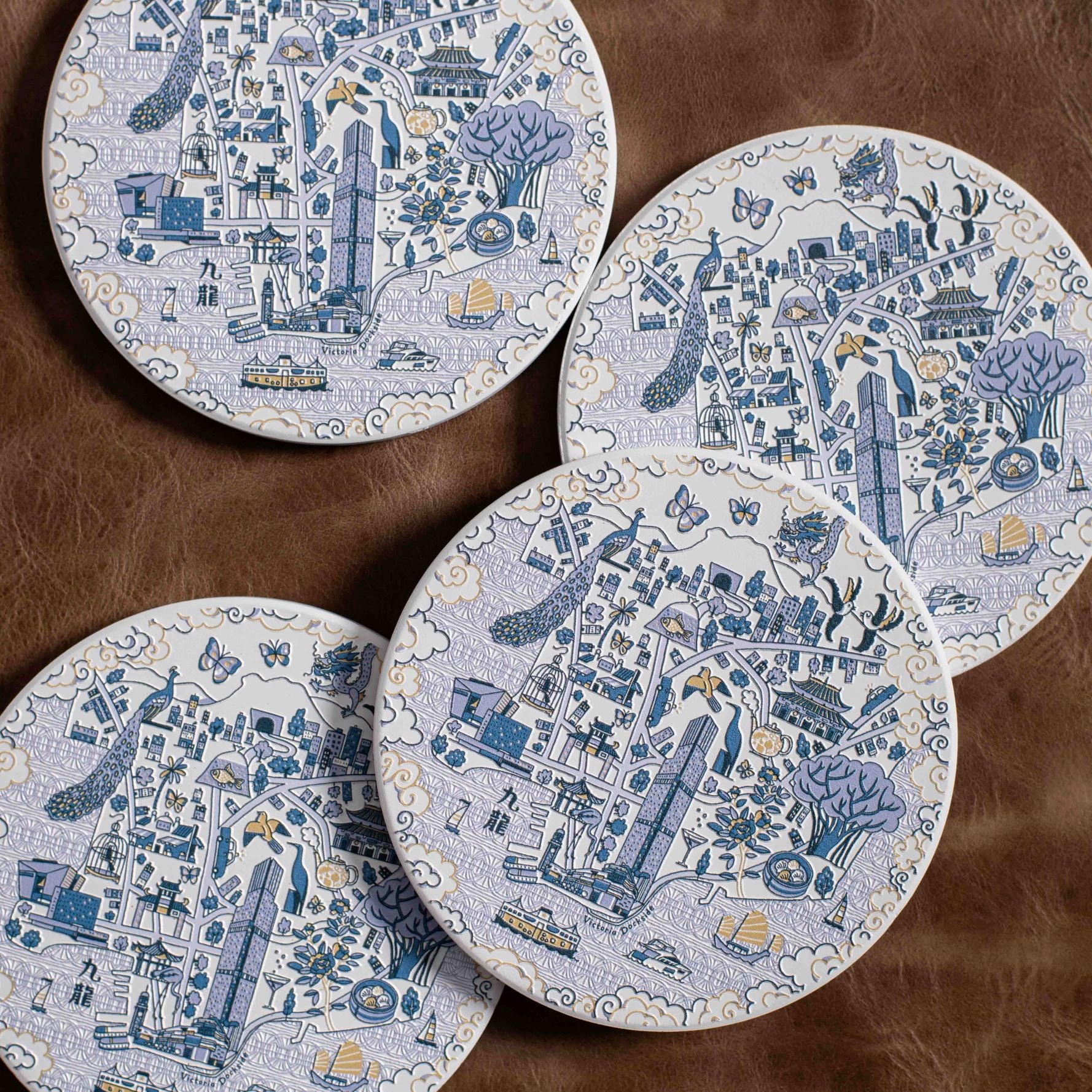 Coaster Set with Rosewood Willow Pattern