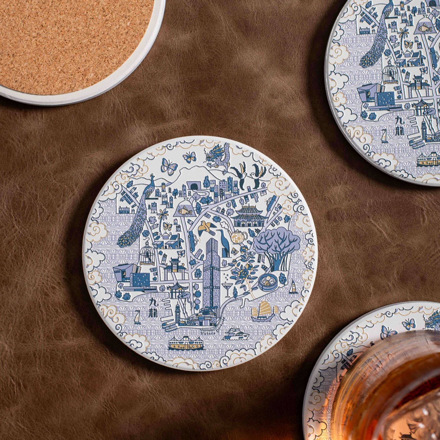 Coaster Set with Rosewood Willow Pattern