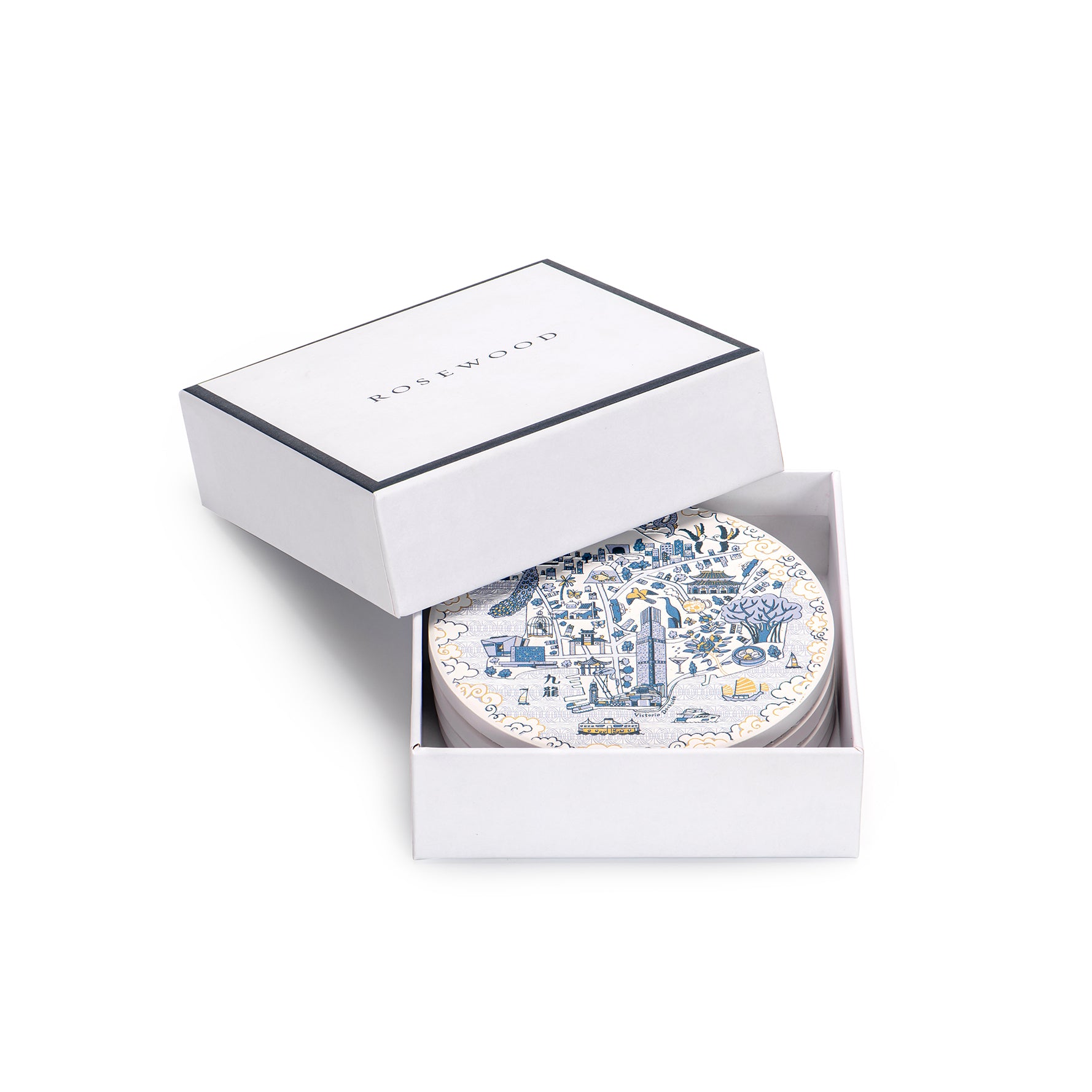 Coaster Set with Rosewood Willow Pattern