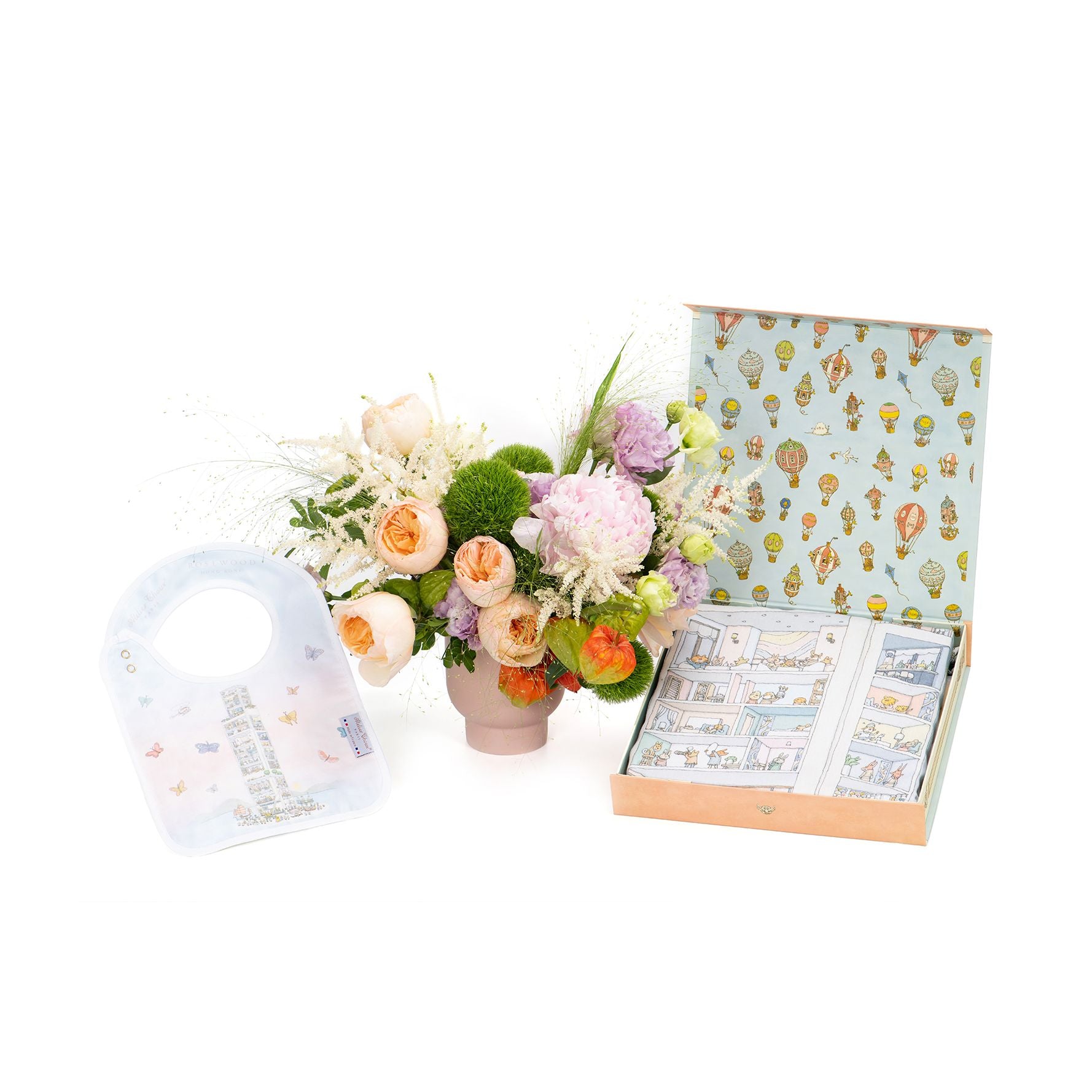 Atelier Choux - Petite Pals Flower Bucket with Organic Satin Cotton Bib & Sheet Set