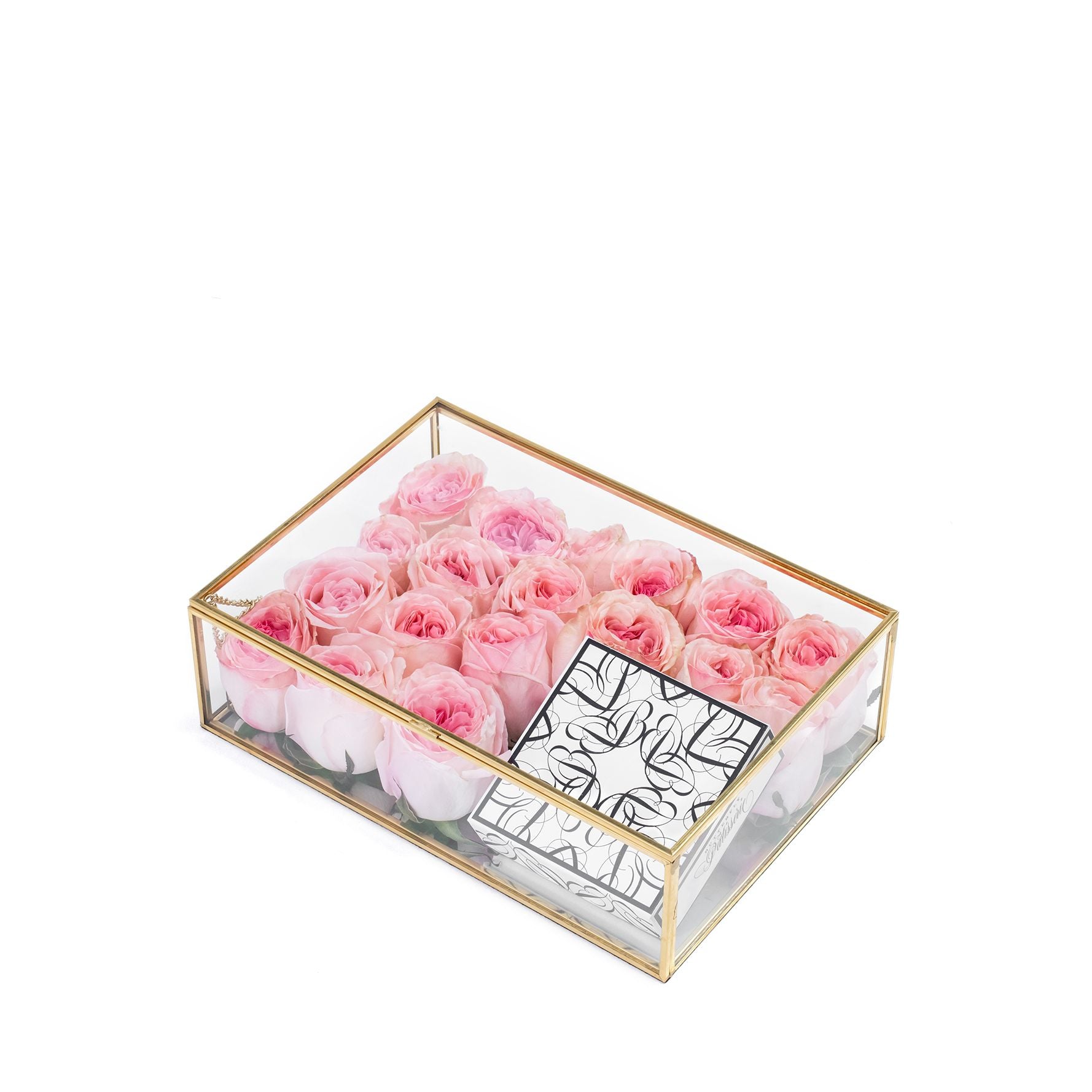 Pink Roses Glass Box With Praline Chocolate Set