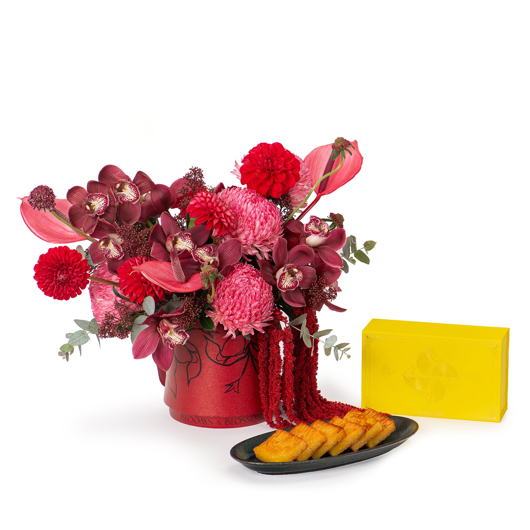 Coconut Golden Cake (600g) and Radiant Ruby Bloom Bucket Gift Set