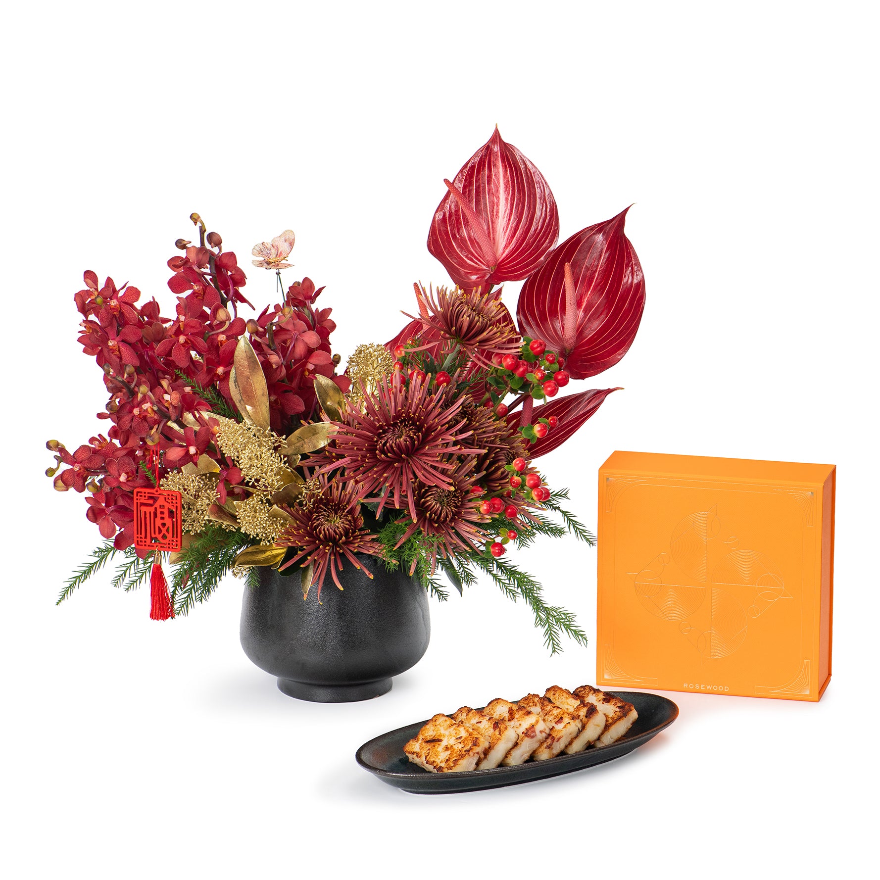 Conpoy Turnip Cake (1000g) and Golden Crimson Splendor Flower Gift Set