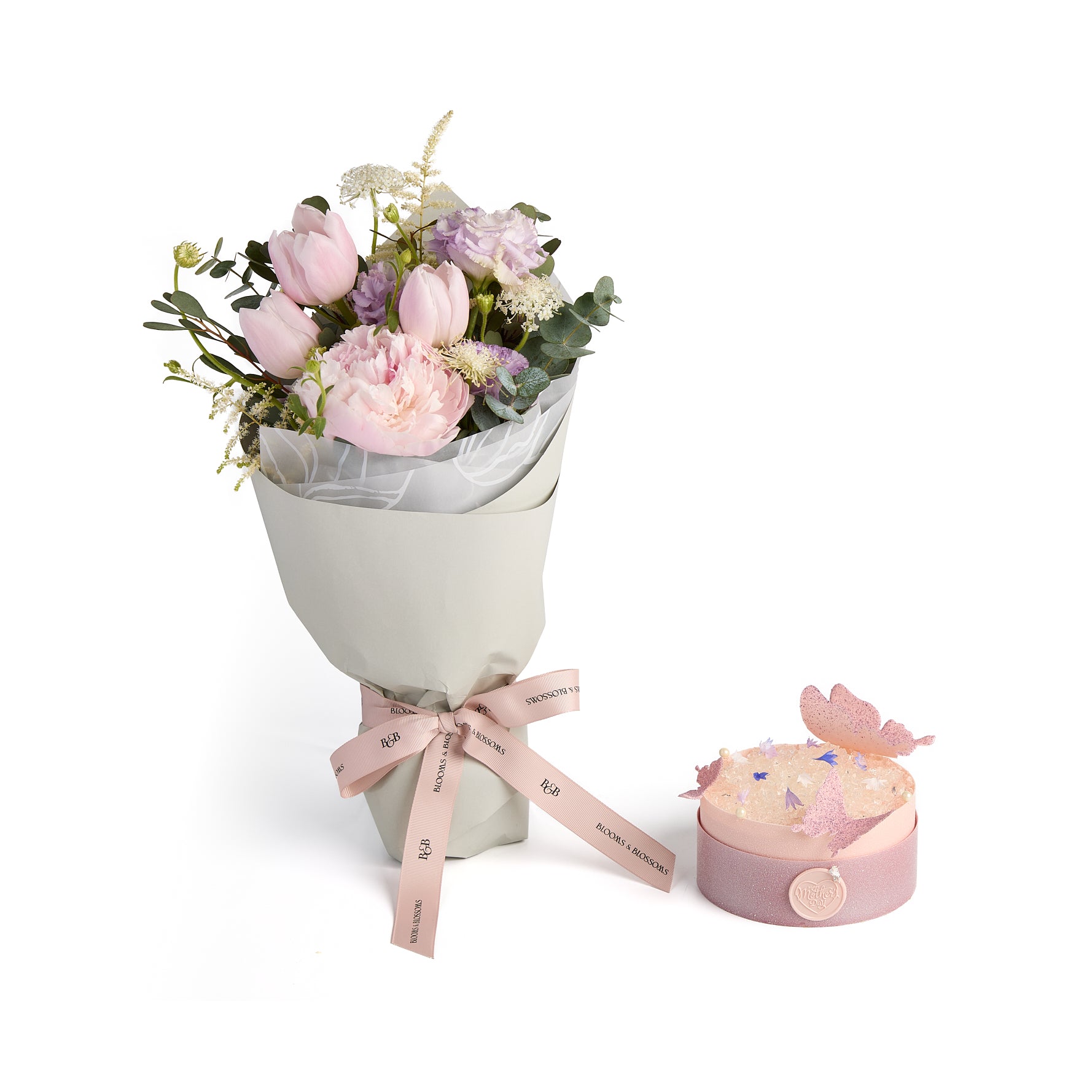 Strawberry, Coconut & Rose Tea Chiffon Cake with Pastel Grace Flower Bouquet