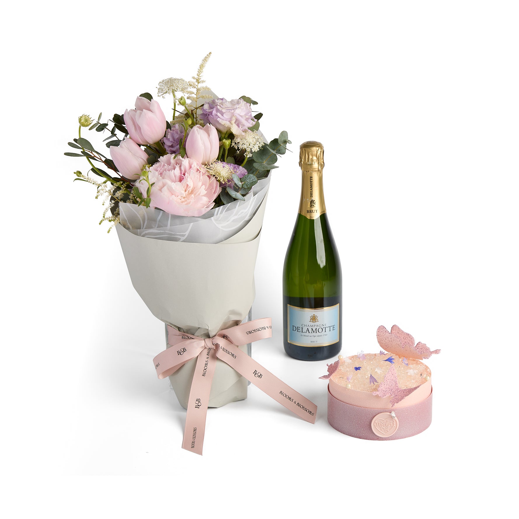 Strawberry, Coconut & Rose Tea Chiffon Cake with Pastel Grace Flower Bouquet and Delamotte Champagne